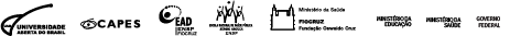 Barra que mostra as logos institucionais do curso. Em ordem: Universidade Aberta do brasil (UAB), Capes, EAD/ENSP/Fiocruz, Escola Nacional de Saúde Pública Sergio Arouca (ENSP), Fundação Oswaldo Cruz (Fiocruz), Ministério da Educação, Ministério da Saúde, Governo Federal.
