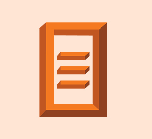 Botão que abre uma janela de texto. Grafismo que representa uma página sobre um fundo laranja.