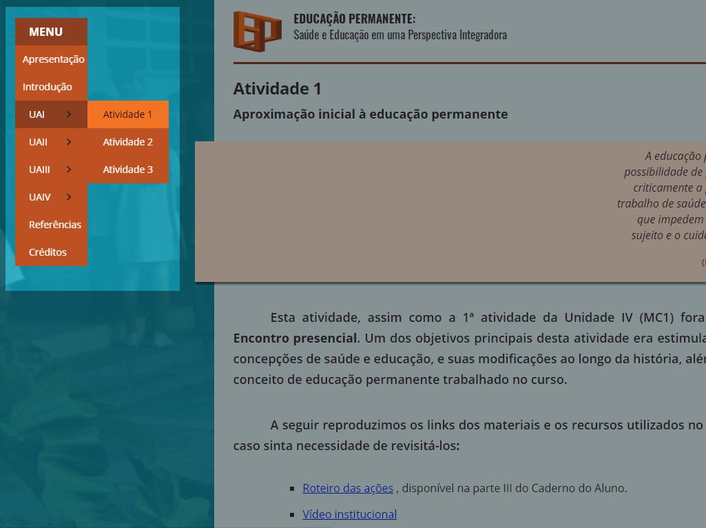 A imagem mostra a tela do percurso com o Menu de navegação destacado.