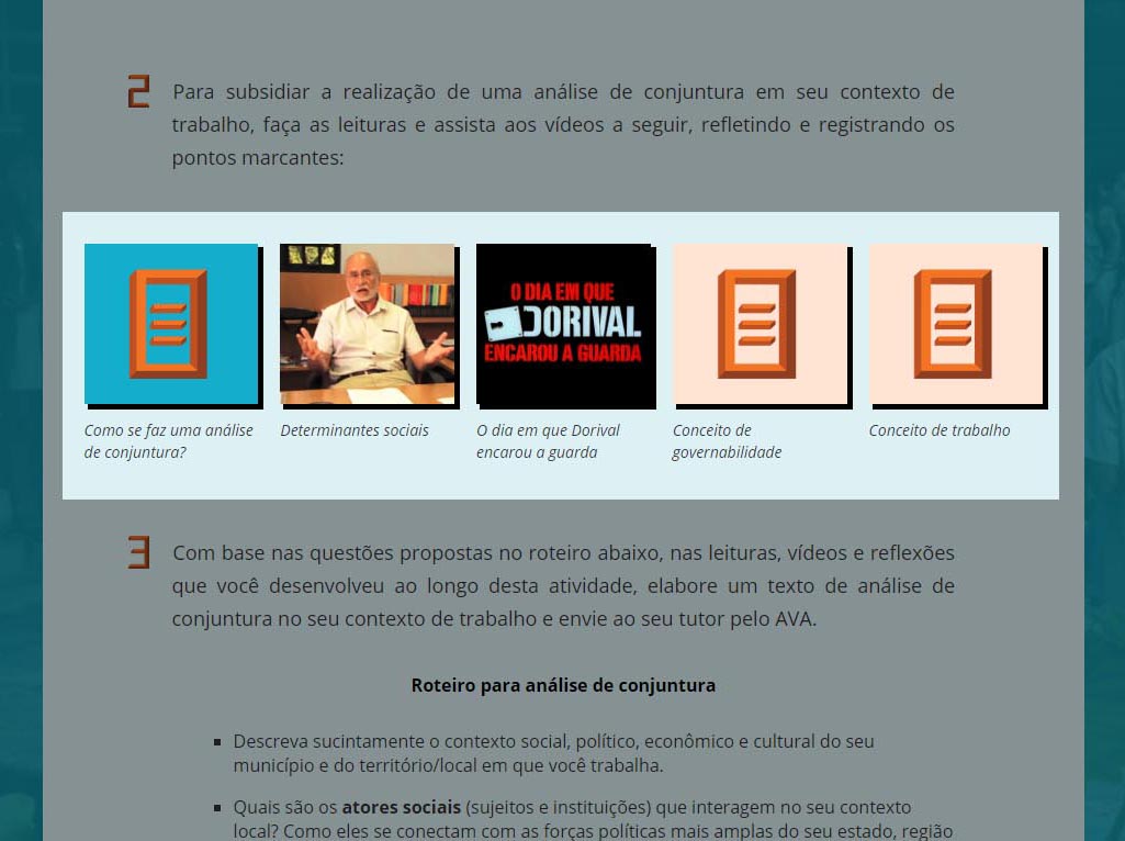 A imagem mostra a tela do percurso com destaque nos botões que abrem textos, videos e janelas de conteúdo.