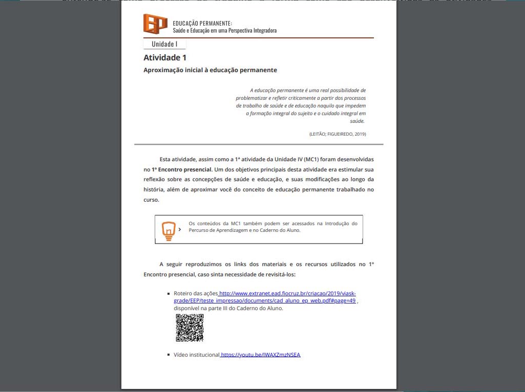 A imagem mostra a simulação da impressão da Atividade 1 em uma folha no formato A4. Percebe-se que o conteúdo da atividade sofreu os ajustes mencionados.
