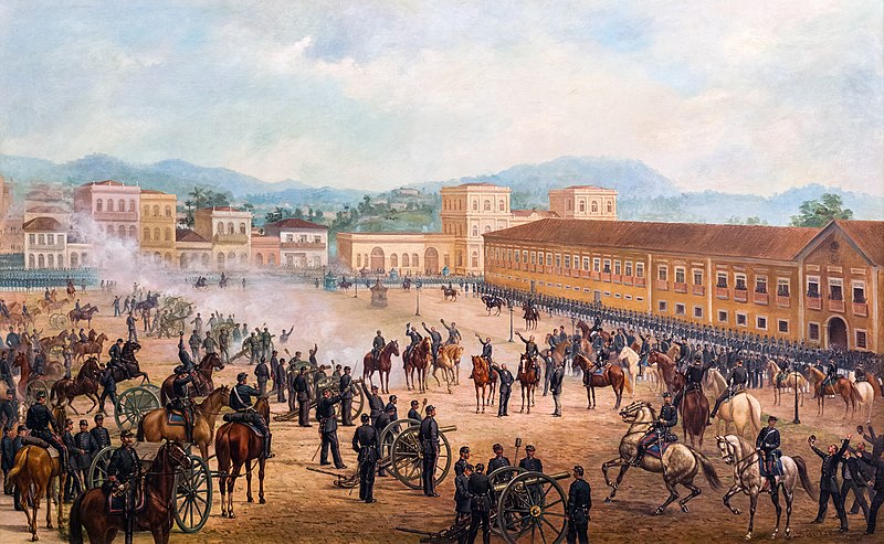 O quadro, um óleo sobre tela de 1893, retrata em plano aberto a cena da Proclamação da República do Brasil, no centro do Rio de Janeiro.