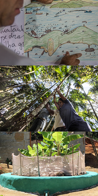Cinco mulheres em roda, em pé, na mata. 