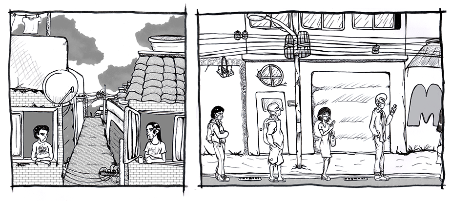 Ilustração à esquerda: duas pessoas em suas casas, representando o isolamento social. Ilustração à direita: fila com distanciamento entre as pessoas. 