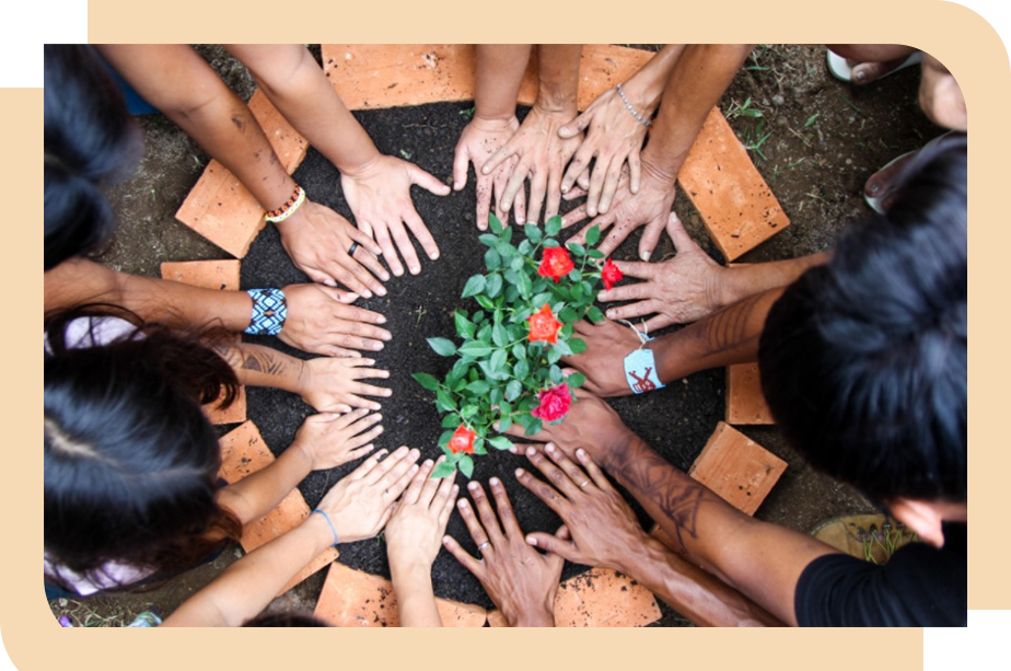 Fotografia de mãos entorno de uma planta florida. As mãos aparecem umas ao lado das outras formando um círculo, no qual uma planta com flores vermelhas está no centro.