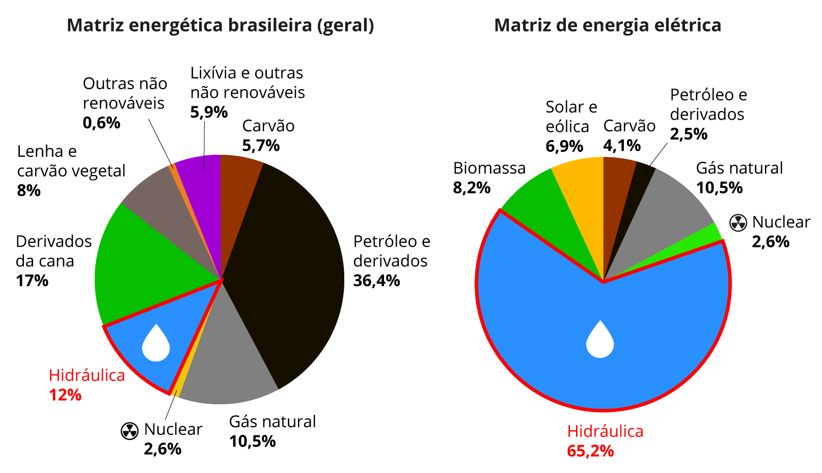 O primeiro gráfico de pizza representa a proporção de cada fonte energética da matriz energética brasileira geral: Nuclear 1,4%; Carvão 5,7%; Lixívia e outras renováveis 5,9%; Lenha e carvão vegetal 8%; Hidráulica 12%; Gás natural 13%; Derivados de cana 17%; Petróleo e derivados 36,4%; Outras não renováveis 0,6%. O segundo gráfico de pizza representa a proporção de cada fonte energética da matriz energética elétrica: Petróleo e derivados 2,5%; Nuclear 2,6%; Carvão 4,1%; Solar e eólica 6,9%; Biomassa 8,2%; Gás natural 10,5%; Hidráulica 65,2%.