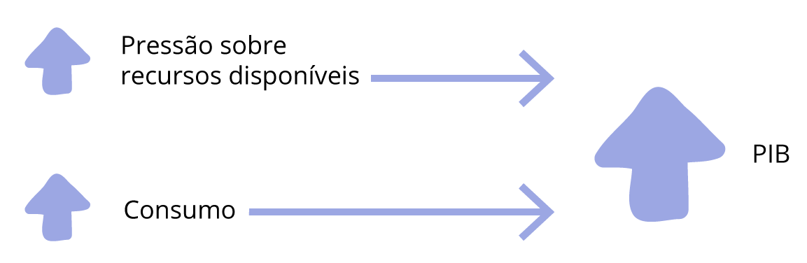 Duas setas apontam para cima, indicando o crescimento da pressão sobre os recursos e o do consumo. E outras duas setas apontam para a direita, indicando a relação do crescimento desses itens e o PIB.