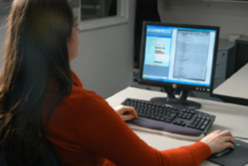Uma mulher trabalhando no computador. 