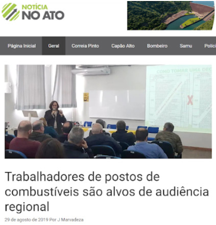 Foto do site Notícia no Ato apresentando a matéria “Trabalhadores de postos de combustível são alvos de audiência regional”.